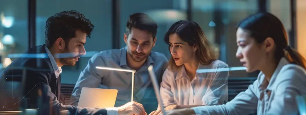 a group of professionals working together with laptops and documents, showcasing the efficiency of ba insight amazon s3 connector for data management.