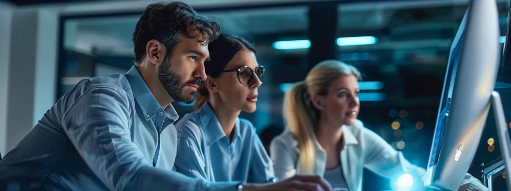 business professionals looking at a computer screen displaying data retrieval times improved by ba insight's amazon s3 connector.