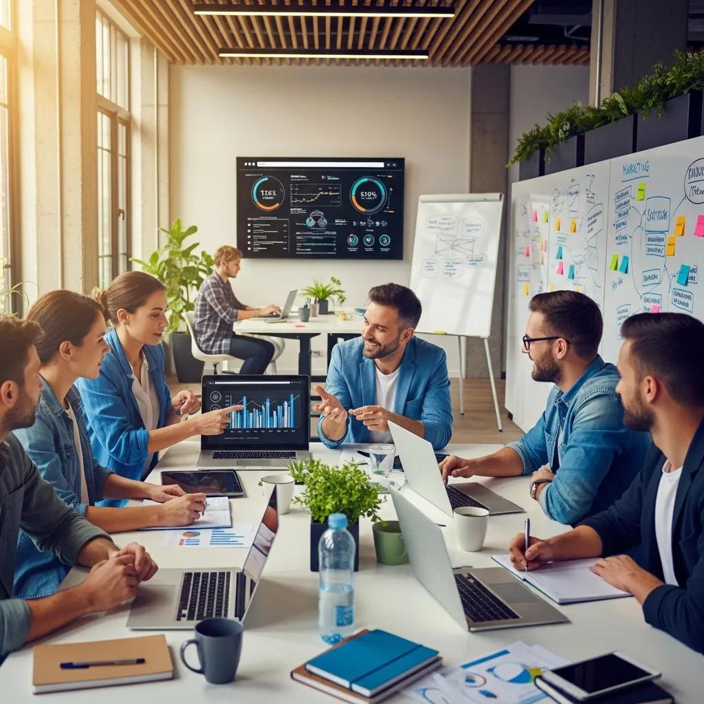 Entrepreneurs collaborating in a modern office with digital marketing tools