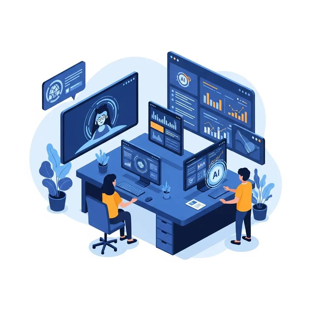 Futuristic workspace showcasing AI technology in marketing