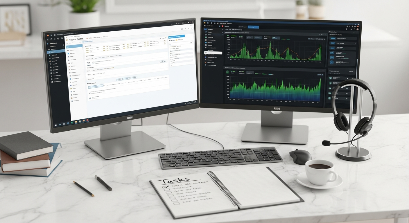 IT helpdesk workspace with ticketing system and dual monitors