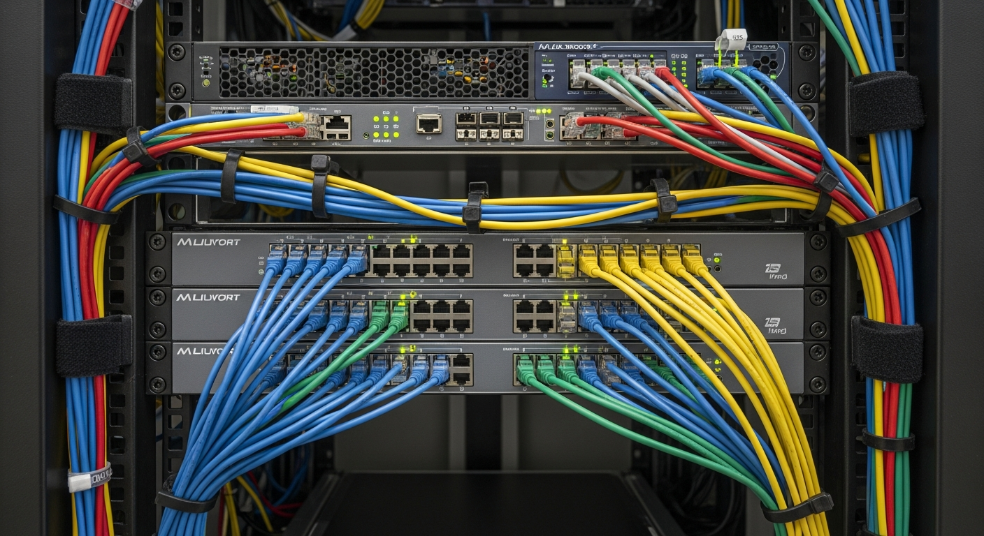 IT professional managing network infrastructure — patch panel with cables