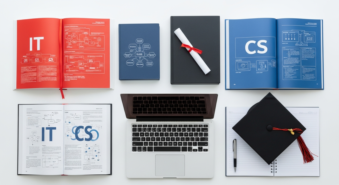 Choosing between IT and Computer Science — books and laptop on desk