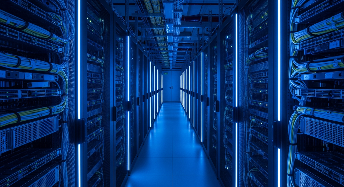 Server racks with blue LED lights in a modern data center