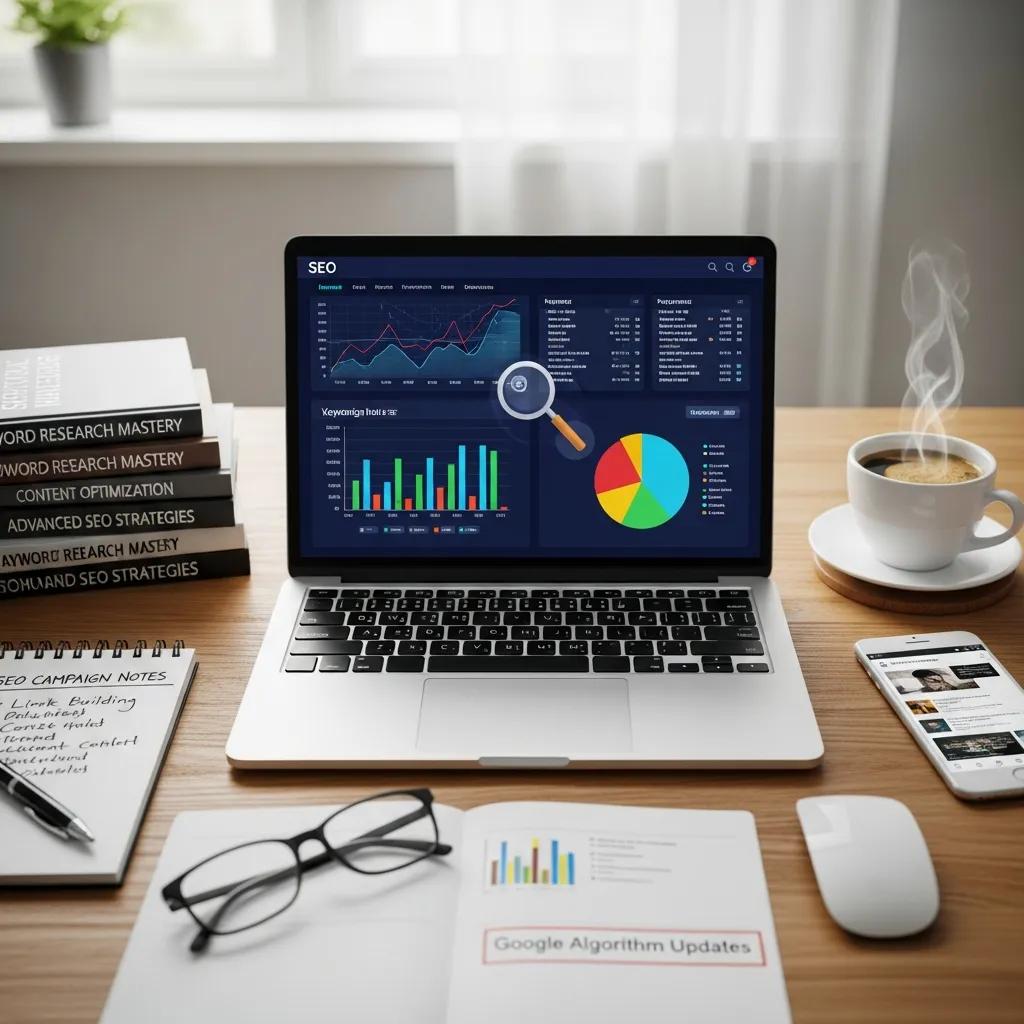 SEO tools and analytics displayed on a laptop in a professional setting