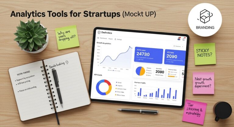 Featured illustration of a tech startup team using digital marketing analytics dashboard to track growth metrics