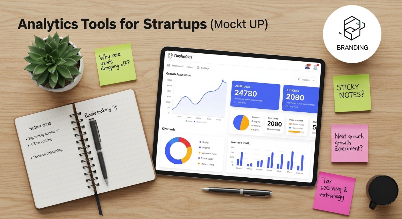 Featured illustration of a tech startup team using digital marketing analytics dashboard to track growth metrics