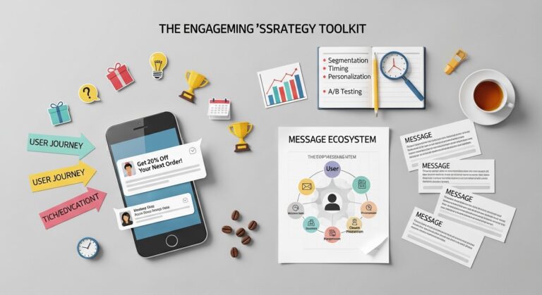 Illustration of in-app messaging strategy on a mobile app dashboard for tech startups and digital marketing teams