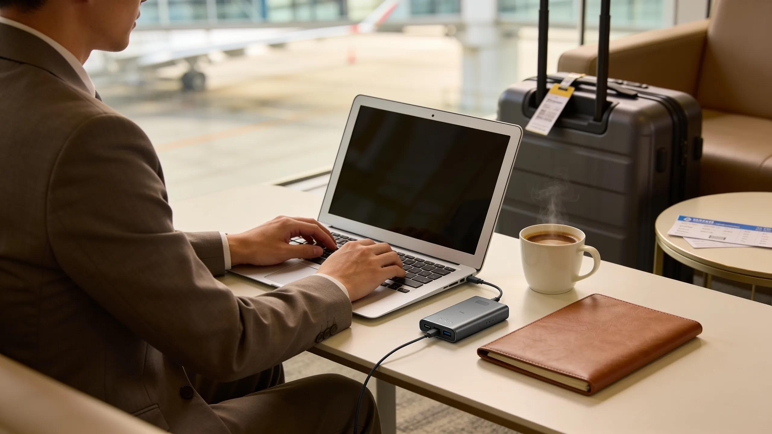Business traveler optimizing laptop battery use in an airport lounge