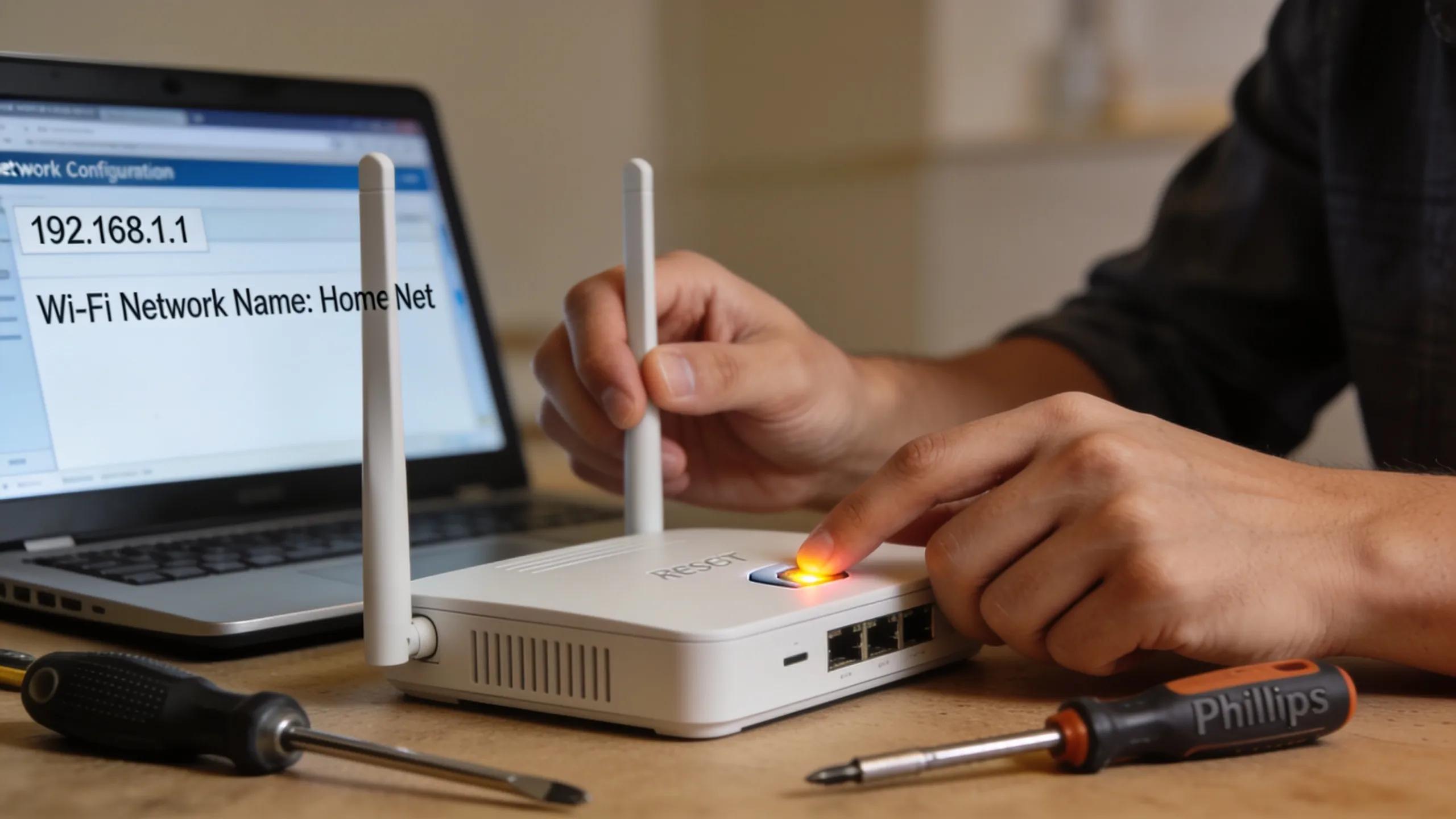 Person troubleshooting a router by resetting it, with tools and a laptop in view