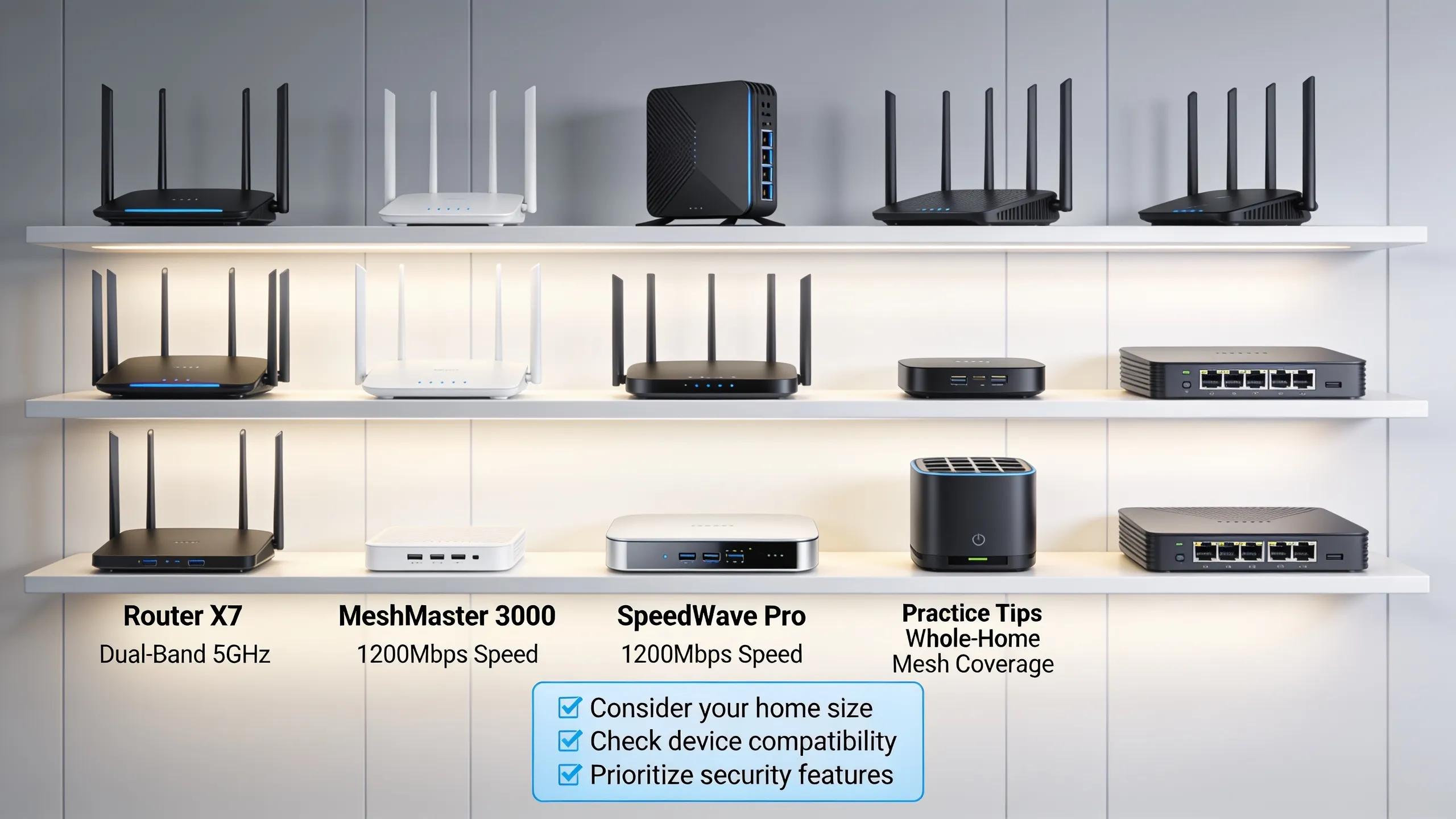 Display of various router models in an electronics store, demonstrating selection options