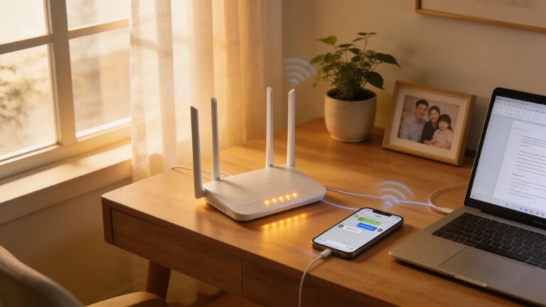 Modern home office with a focus on a reliable Wi-Fi router and connected devices
