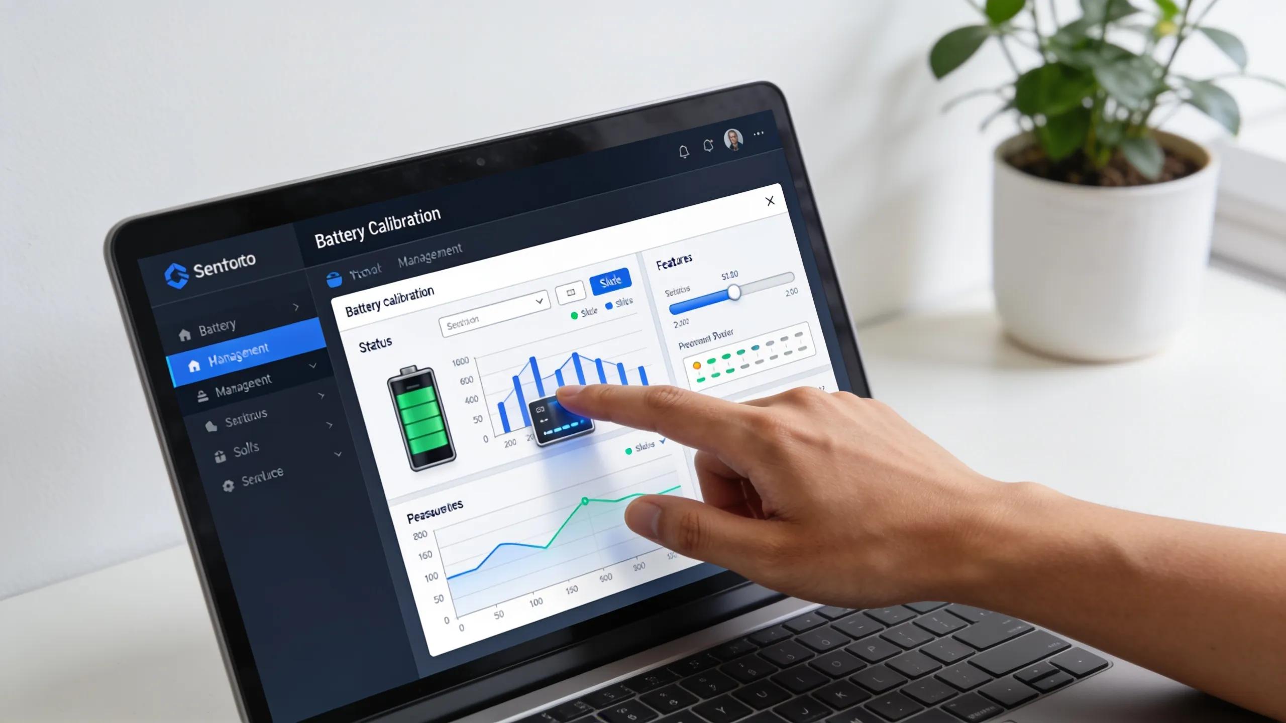 Laptop screen showing battery calibration software in an office setting