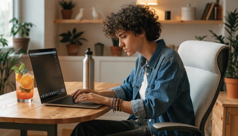 Cozy workspace with a laptop highlighting battery management and optimization